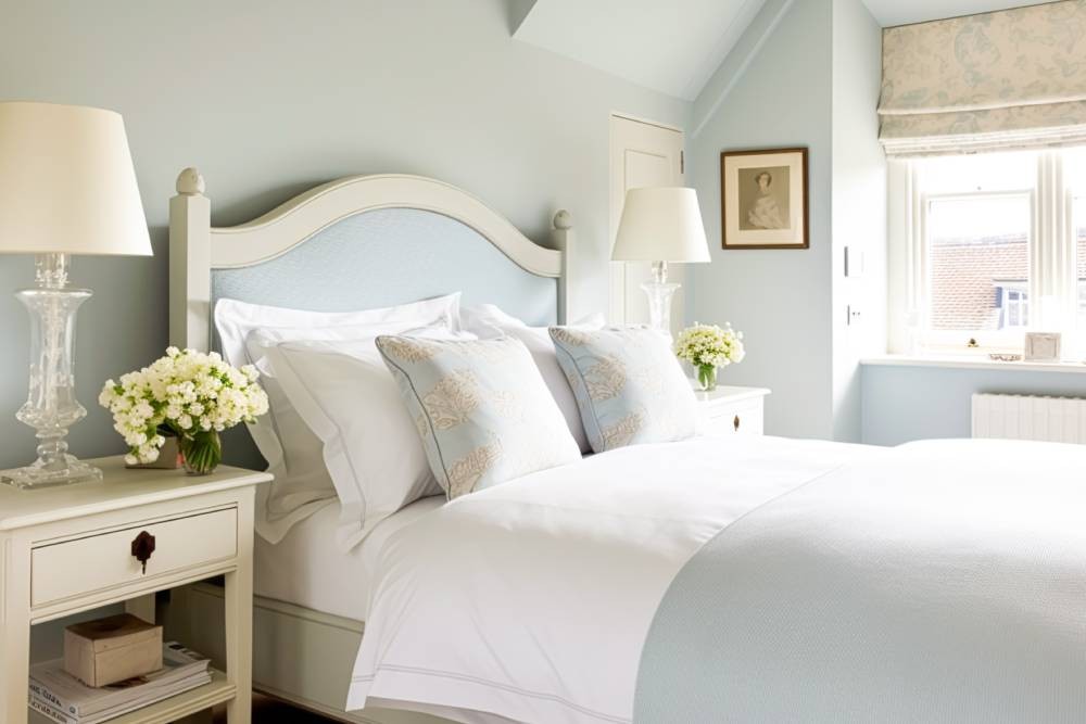 A well-lit bedroom with a cleanly made bed with light blue bedding near Danville, CA
