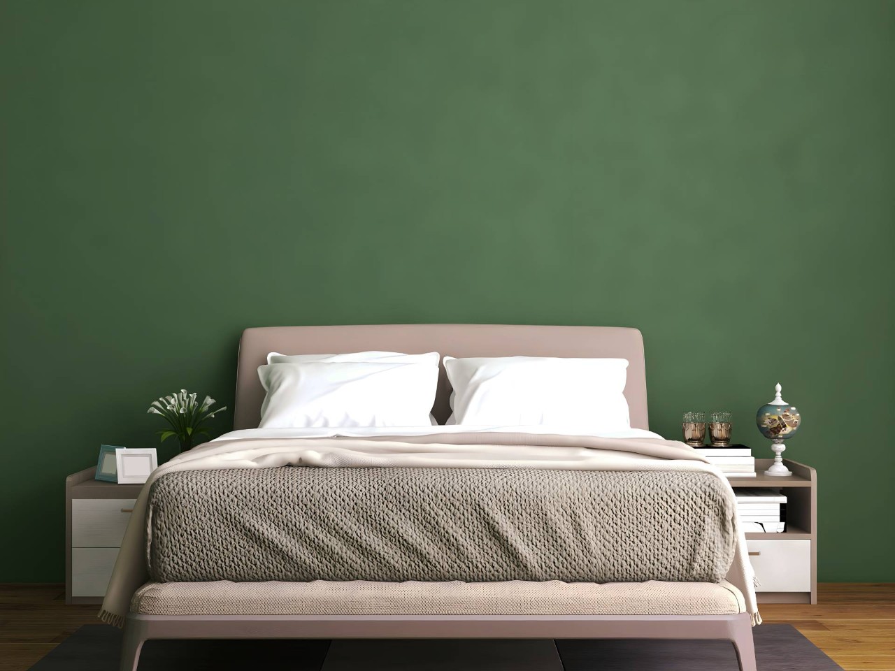 Bedroom with a white bed and green wall behind at Danville Interior Design Gallery near Danville, CA