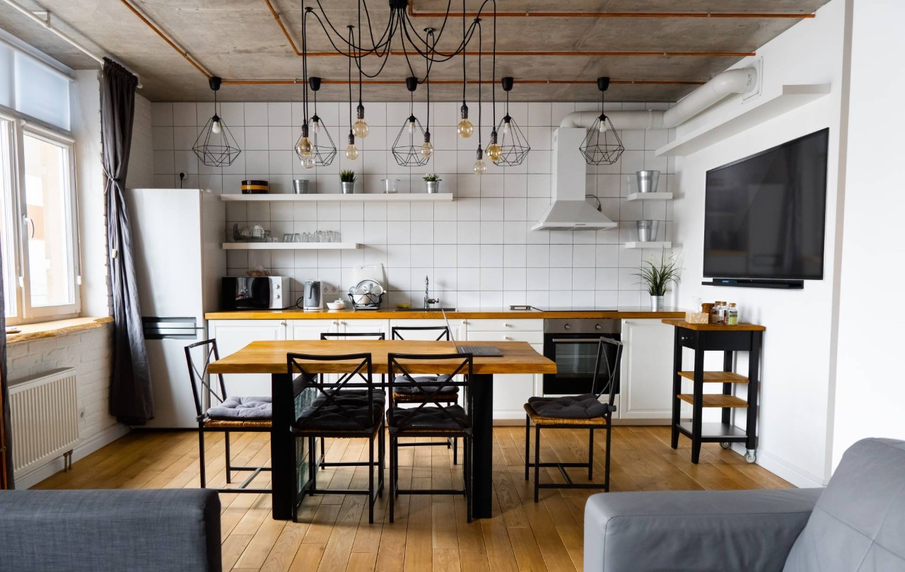 An industrial farmhouse kitchen and dining area near Danville, California (CA)