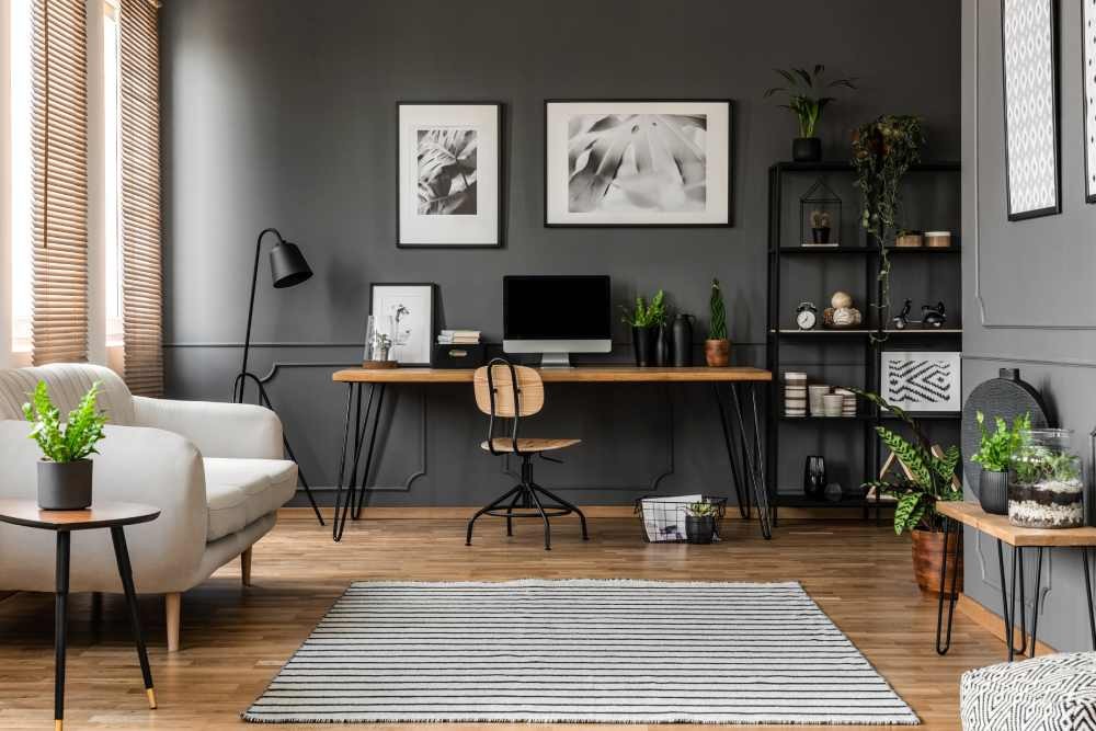 dark colored home office full of potted plants near Danville, CA