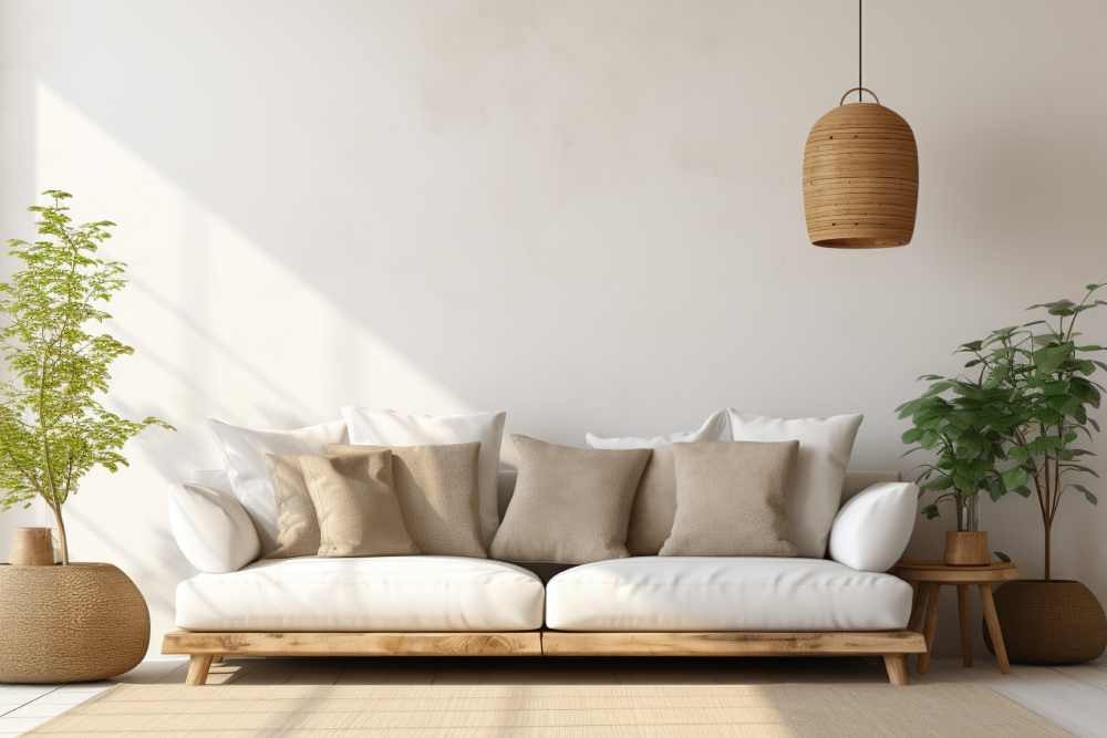 Modern living room with a large couch full of tan pillows near Danville, CA