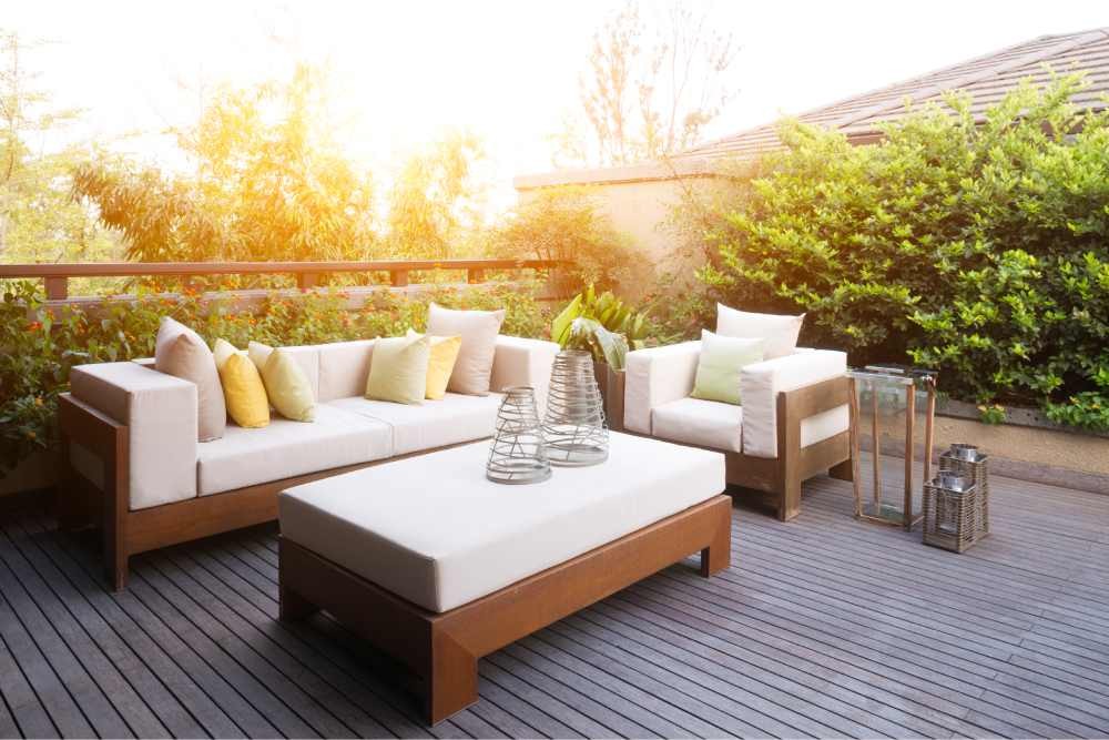 Bright white and wooden patio furniture sitting outside near Danville, CA