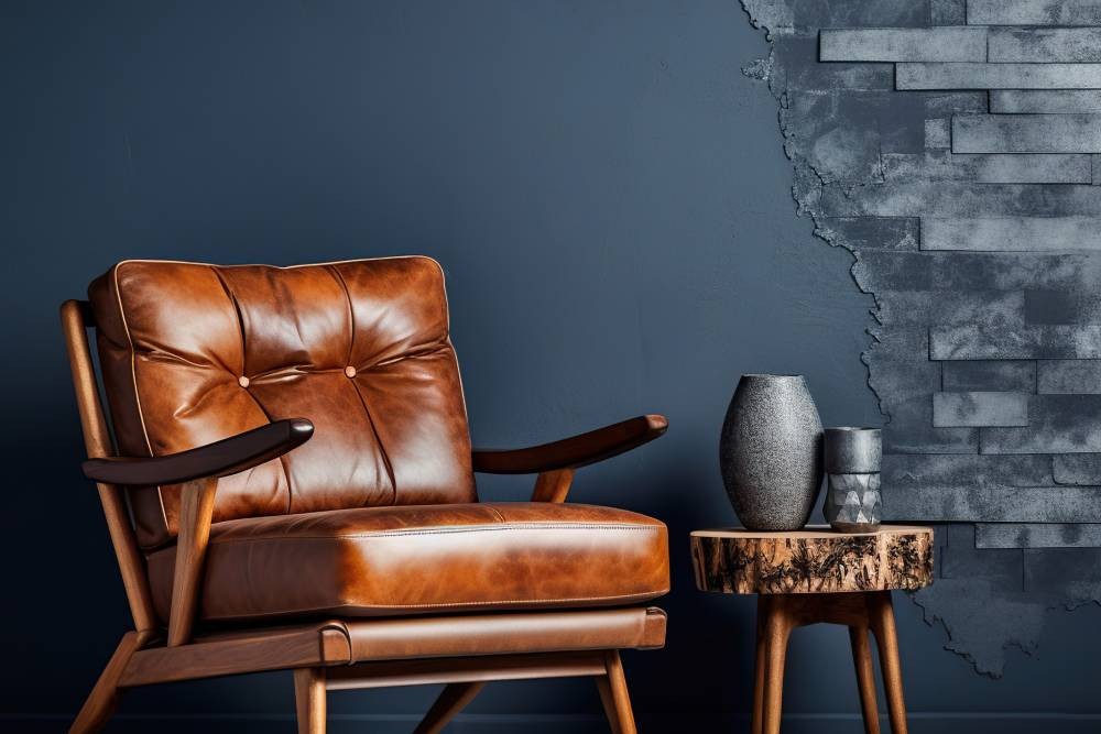Gorgeous leather chair in front of a dark blue wall